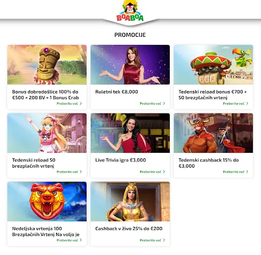 Najnovejše promocije v BoaBoa Casino – bonusi, vrtljaji in posebne ponudbe Promocije v spletni igralnici BoaBoa – bonus dobrodošlice, brezplačni vrtljaji, tedenski reload bonusi, denarne nagrade in cashback ponudbe