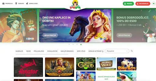 BoaBoa Casino – Barvita in zabavna spletna igralnica s številnimi igrami in bonusi Glavna stran spletne igralnice BoaBoa Casino z gumbi za prijavo, registracijo in promocijami